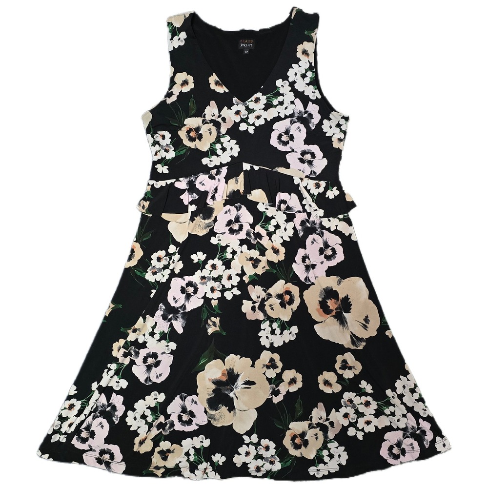 Crazy Print Floral Peplum Dress Women SM Black Pink V-Neck Excellent Condition